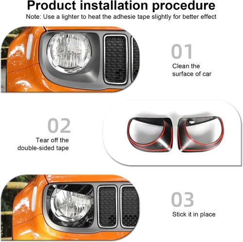 Vista 5 de CheroCar Cubierta para faro delantero, biseles de faros delanteros, anillo para Jeep Renegade 2019-2024, color negro