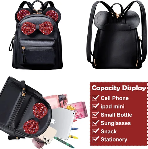 Vista 2 de Sunwel Fashion Mini mochila de viaje con orejas de ratón para niñas adolescentes con lazo de lentejuelas y pompones, Arco negrorojo, Mochila