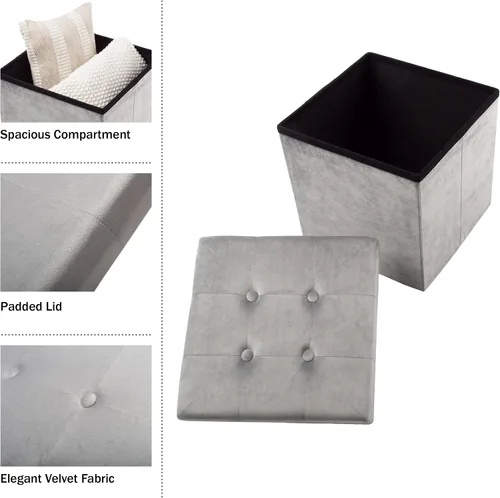 Vista 4 de Lavish Home - Otomana de almacenamiento, reposapiés copetudo, copetudo de terciopelo, copetudo de lino o organizador de almacenamiento con tapa