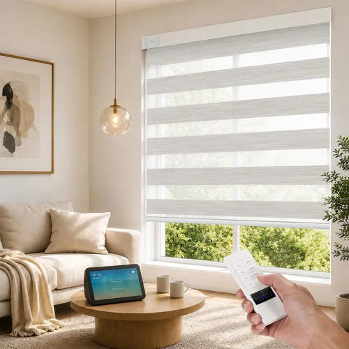 Vista 23 de ACMEART Persianas motorizadas de cebra con control remoto, persianas automáticas de doble capa, persianas eléctricas opacas para oficina del hogar