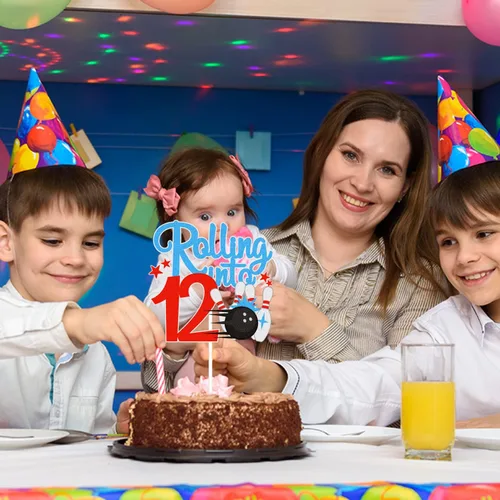 Vista 7 de Bowling Rolling Into 12 Happy 12th Birthaday - Decoración de pastel de bola de boliche de 12 cumpleaños con purpurina - Decoración de pastel