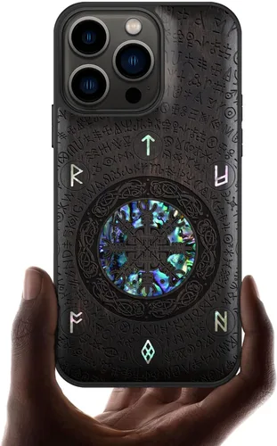 Vista 13 de Carveit Funda protectora de madera de diseñador para iPhone 13 Pro, cubierta magnética, grabado en madera e incrustaciones de concha, funda