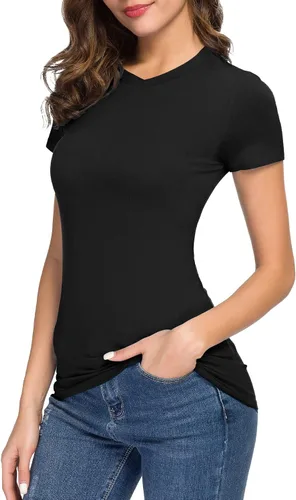 Vista 3 de Urban CoCo Camiseta básica casual para mujer, ajustada, manga corta, cuello en V, ajustada