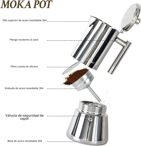 Vista 3 de LAOION Cafetera de Espresso para Estufa, Olla Moka de 6 Tazas 10 oz, Cafetera Cubana y Italiana de Acero Inoxidable para Cafetera Cubana, Compatible