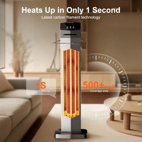 Vista 2 de AKIRES Calentador Eléctrico de Patio de 37 Pulgadas para Exteriores, Calentadores Infrarrojos Portátiles con Control Remoto, Calentador de Espacio