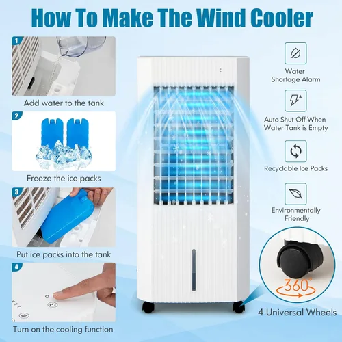 Vista 5 de PETSITE Enfriador de aire evaporativo, ventilador de enfriamiento 3 en 1 y humidificador con control remoto, 2 paquetes de hielo, temporizador de 15