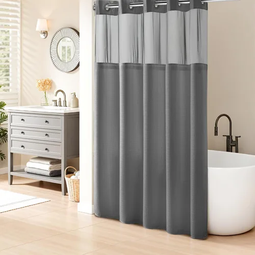 Vista 40 de Cortina de baño River Dream de gran peso sin ganchos necesarios con diseño de gofre punteado y forro a presión - 36W x 74H, de calidad hotelera