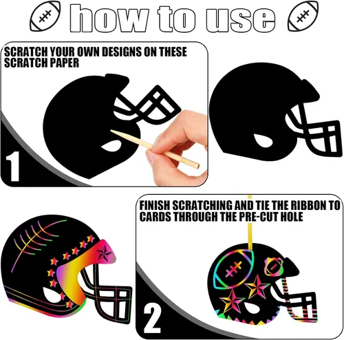 Vista 3 de Syhood Juego de 64 piezas de manualidades de papel para rascar de fútbol, diseño de arco iris, casco de fútbol, tarjetas de rascar con lápiz óptico