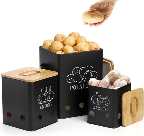 Vista 5 de WUWEOT Paquete de 3 latas de almacenamiento de verduras, botes de almacenamiento de patatas cebollas y ajos, organizador de verduras frescas