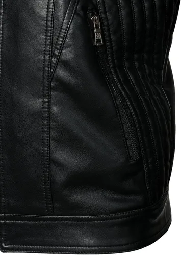 Vista 5 de HOOD CREW Chaquetas de cuero para hombre, chaqueta de motocicleta negra, cuello alto, chaqueta de piel sintética