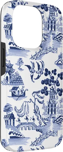 Vista 3 de iPhone 14 Pro Preppy Azul y Blanco Willow Patrón Chinoiserie Toile Case