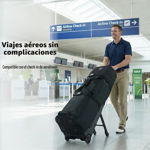 Vista 3 de Bolsa de viaje de golf con ruedas con soporte, ajustable de 2 o 4 ruedas, protección acolchada gruesa, funda de viaje con asas, con cremallera