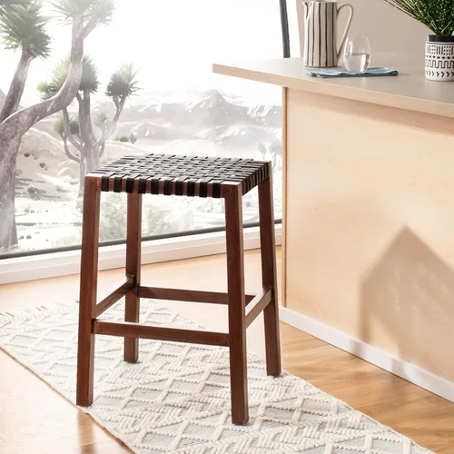 Vista 2 de SAFAVIEH Home Capri Taburete de madera y cuero marrón de 27 pulgadas