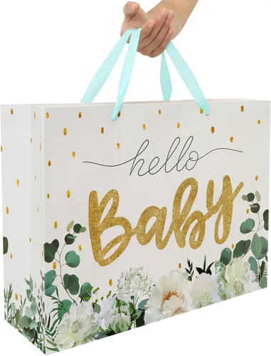 Vista 6 de Juego de bolsas de regalo extra grandes de 16.5" en color blanco con tarjeta de felicitación y papeles de seda (brillo dorado "Bebé") para baby