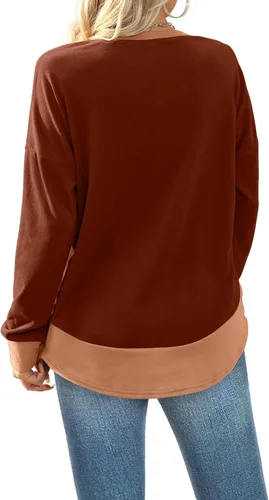 Vista 5 de Bofell Sudadera para mujer 2023, bloque de color, cuello en V, manga larga, trajes de otoño a la moda