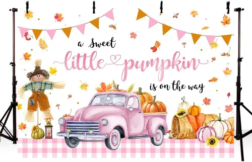 Vista 4 de AIBIIN Telón de fondo de calabaza para baby shower de 7 x 5 pies para niñas, otoño y otoño, decoración de fiesta de baby shower, coche rosa