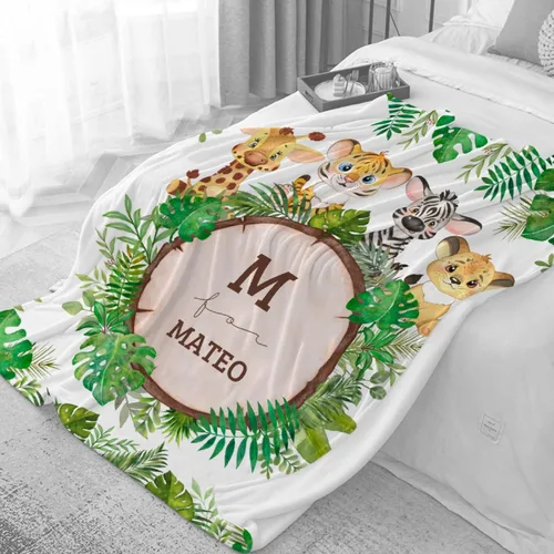 Vista 6 de Manta personalizada de animales bebés para niños y niñas, mantas personalizadas con nombre, manta ligera de franela suave para ropa de cama, sofá
