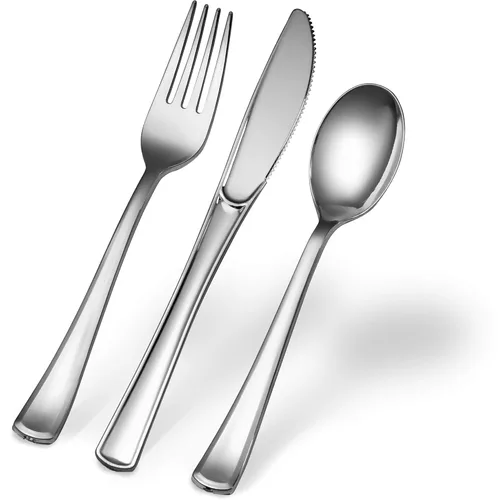 Vista 3 de Plasticpro Tenedores desechables de plástico plateado resistente, cubiertos de plástico elegante que parecen cubiertos de plata real, utensilios