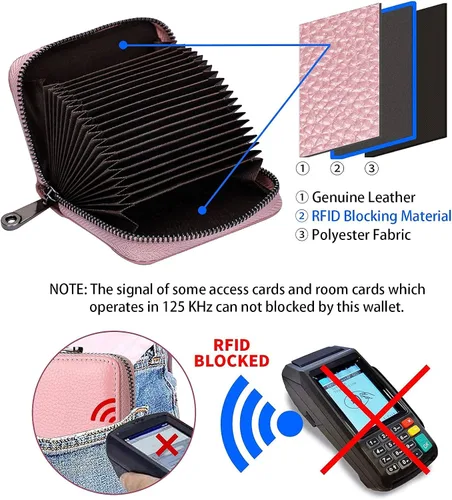 Vista 3 de Linno RFID 20 ranuras titular de la tarjeta de crédito de cuero genuino pequeña cartera para mujeres u hombres con cremallera