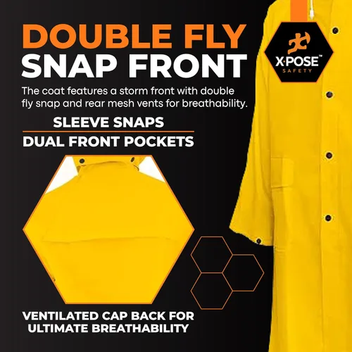 Vista 4 de Xpose Safety Chaqueta de Lluvia Pesada Amarilla de 0.35mm PVC, 122cm de Lluvia con Capucha Desmontable, Impermeable, para Pesca