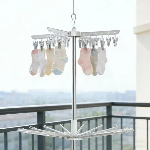 Vista 4 de Estante de secado de ropa que ahorra espacio, trípode de acero de 64 pulgadas, plegable, con 4 brazos giratorios para 24 perchas, 3 patas, para 30