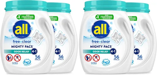 Vista 9 de All Mighty Pacs Detergente para Ropa Libre y Transparente Alivio de Olores, Envase, 56
