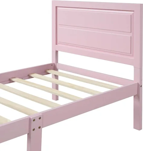 Vista 7 de SOFTSEA Base de cama de madera de plataforma individual con cabecero y estribo, base de colchón con soporte de listones de madera (individual, rosa)
