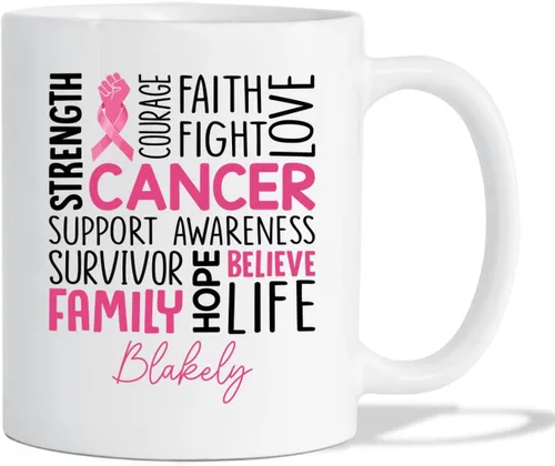 Vista 19 de Taza de café de concientización sobre el cáncer de mama con nombre personalizado, taza de café de 11 onzas, taza de té de cerámica blanca