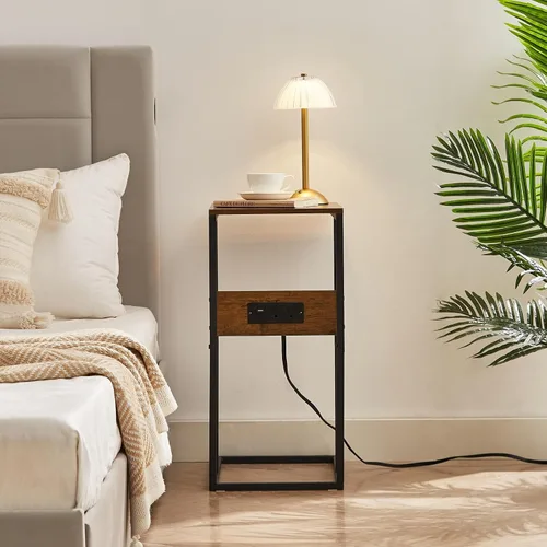 Vista 5 de BUDOME Mesa auxiliar en forma de C con estación de carga, mesa auxiliar con tomas, mesa de sofá con puertos USB C, mesa C con superficie premium