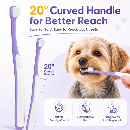 Vista 3 de Cepillo de dientes para perros pequeños – Mini cabezal de cepillo de 0.39 pulgadas, mango curvo, cerdas suaves, parte trasera de goma doble, kit