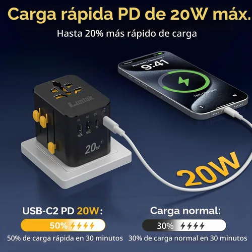 Vista 3 de Adaptador de viaje universal en todo el mundo con 2 USB-A y 2 USB-C y 1 Negro