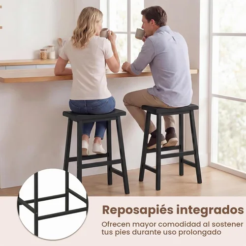 Vista 7 de COSTWAY Juego de 2 taburetes de madera maciza de 24 pulgadas con reposapiés Negro