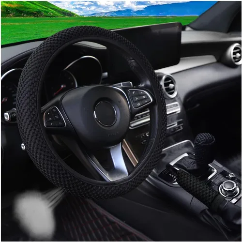 Vista 10 de Bittwee 3 piezas, juego de cubiertas para volante de auto de 15 pulgadas, cubierta para apoyabrazos, cubierta para palanca de cambios, de microfibra