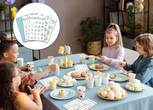 Vista 6 de Tarjetas de bingo para bebé, juego azul para baby shower para 24 jugadores, juegos de fiesta de revelación de género para actividades familiares