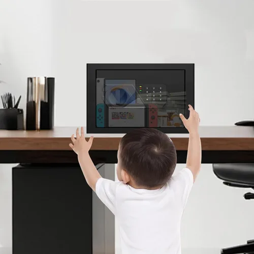 Vista 9 de Caja fuerte pequeña para uso doméstico, caja de seguridad digital con cerradura de combinación, estante extraíble y llaves de repuesto, caja fuerte