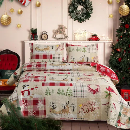 Vista 7 de Juego de colchas navideñas de tamaño queen, reversible, ropa de cama de Navidad rústica, colcha de cabaña, a cuadros, colcha transpirable, reno