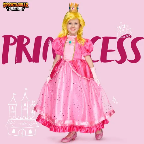 Vista 2 de Spooktacular Creations Vestido de princesa rosa de Halloween, vestido de princesa para niños, disfraz de corona de melocotón para cumpleaños de niñas