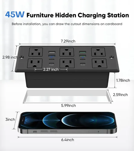 Vista 7 de Regleta de alimentación empotrada de 45W, protector de sobretensiones de montaje empotrado (1200J) con 6 tomas de CA y 8 puertos USB (4 USB-C)