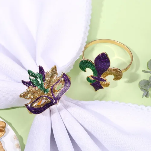 Vista 2 de Juego de 6 servilletas de Mardi Gras con purpurina para máscara de flor de lis, accesorios para mesa de comedor, servilletas decorativas