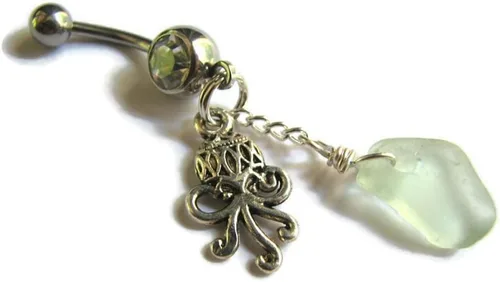 Vista 2 de Octopus Belly Button Ring with Light Seafoam Sea Glass Charm
