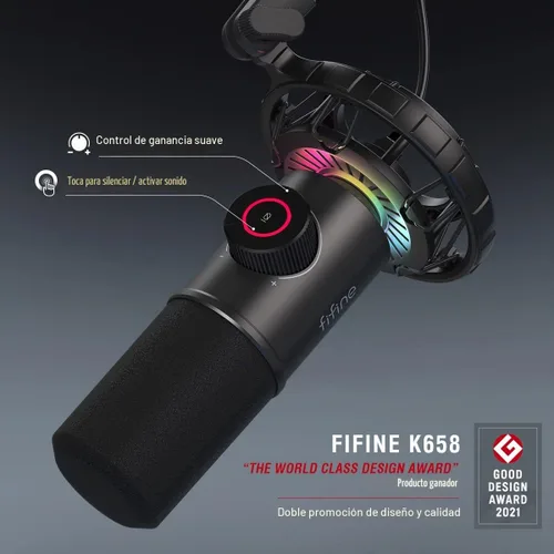Vista 3 de FIFINE Micrófono USB para juegos, micrófono dinámico RGB para PC, con botón de toque para silenciar, micrófono cardioide Plug & Play con conector