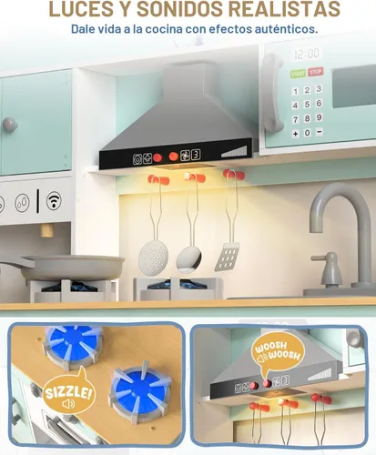 Vista 3 de Babytronic Juego de cocina de madera, cocina de simulación con luces y sonidos para niños de 3 años en adelante, incluye estufa, horno, microondas