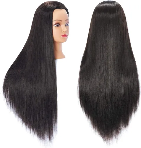 Vista 19 de Hairingrid Cabeza de maniquí de 26 a 28 pulgadas, para entrenamiento de peinado, cosmetología, cabeza de muñeca, pelo de fibra sintética y soporte