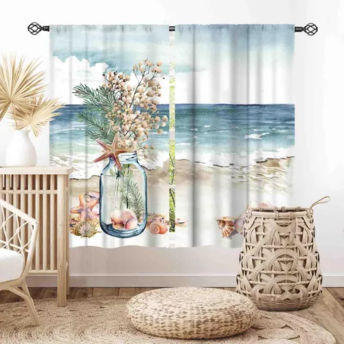 Vista 32 de Cortinas costeras, temática de playa de verano, acuarela, medusas náuticas, estrellas de mar, concha, caballito de mar, azul, opacas, cortinas