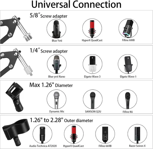 Vista 6 de Soporte de Micrófono con Brazo Articulado para Blue Yeti HyperX QuadCast SoloCast Yeti Nano Snowball SM7B Q2U Fifine K669B y Otros Micrófonos