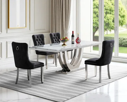 Vista 27 de SSLine Juego de mesa de comedor de mármol sintético blanco de 68 pulgadas