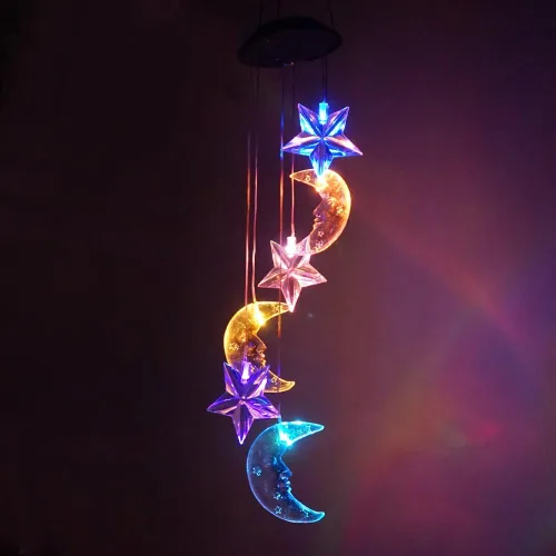 Vista 3 de Campanas de viento móviles solares que cambian de color de luna y estrella, luz LED con energía solar