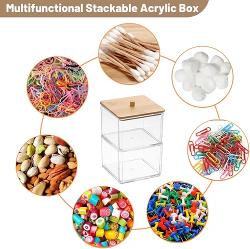 Vista 4 de BTSKY Organizador de clips de papel transparente apilable con tapa de bambú de 2 capas, caja de clips de papel, accesorio de oficina de acrílico