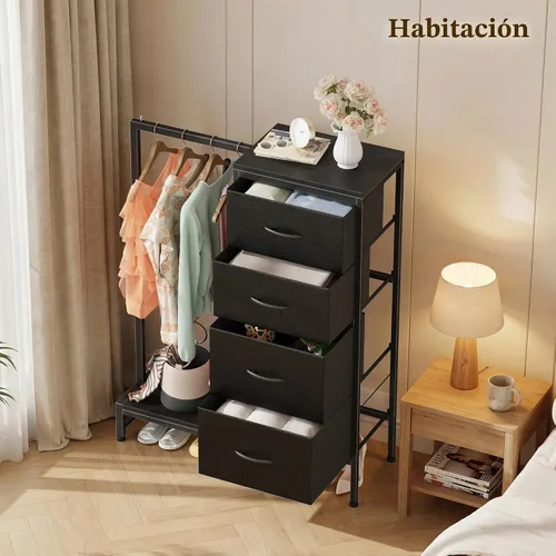 Vista 6 de HIGDBFE Cómoda alta de 44 pulgadas de alto con estante para colgar, cómoda pequeña de 4 cajones para dormitorio, cómoda de tela reversible