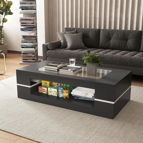 Vista 5 de HedoAjim Mesa de centro moderna y elegante de 47.2 pulgadas con parte superior de cristal, mesa grande para sala de estar, mesas centrales